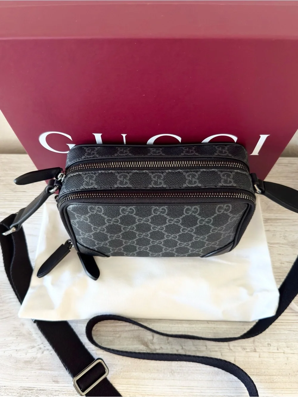 New Gucci GG Emblem canvas men mini crossbody bag, black
